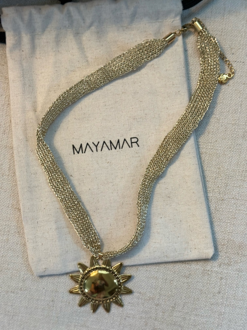 New Mayamar Gold plated Sun Pendant Statement Necklace w mesh chain-